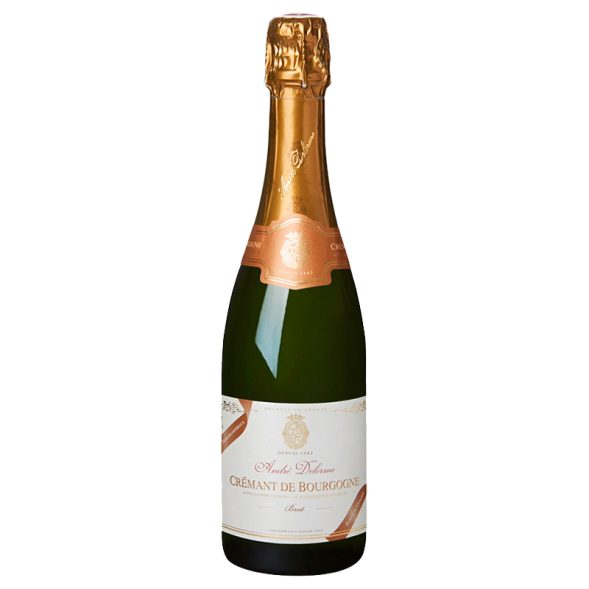 Botella de André Delorme Crémant de Bourgogne Brut, vino espumoso de Borgoña